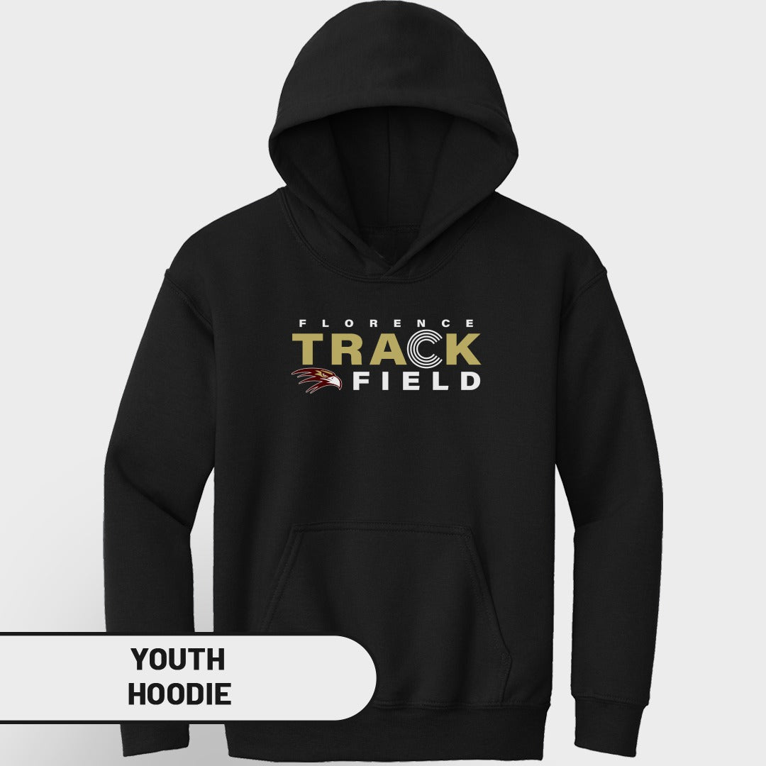 Black youth hoodie with "Florence Track Field" and an eagle graphic.