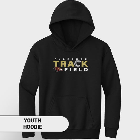 Black youth hoodie with "Florence Track Field" and an eagle graphic.