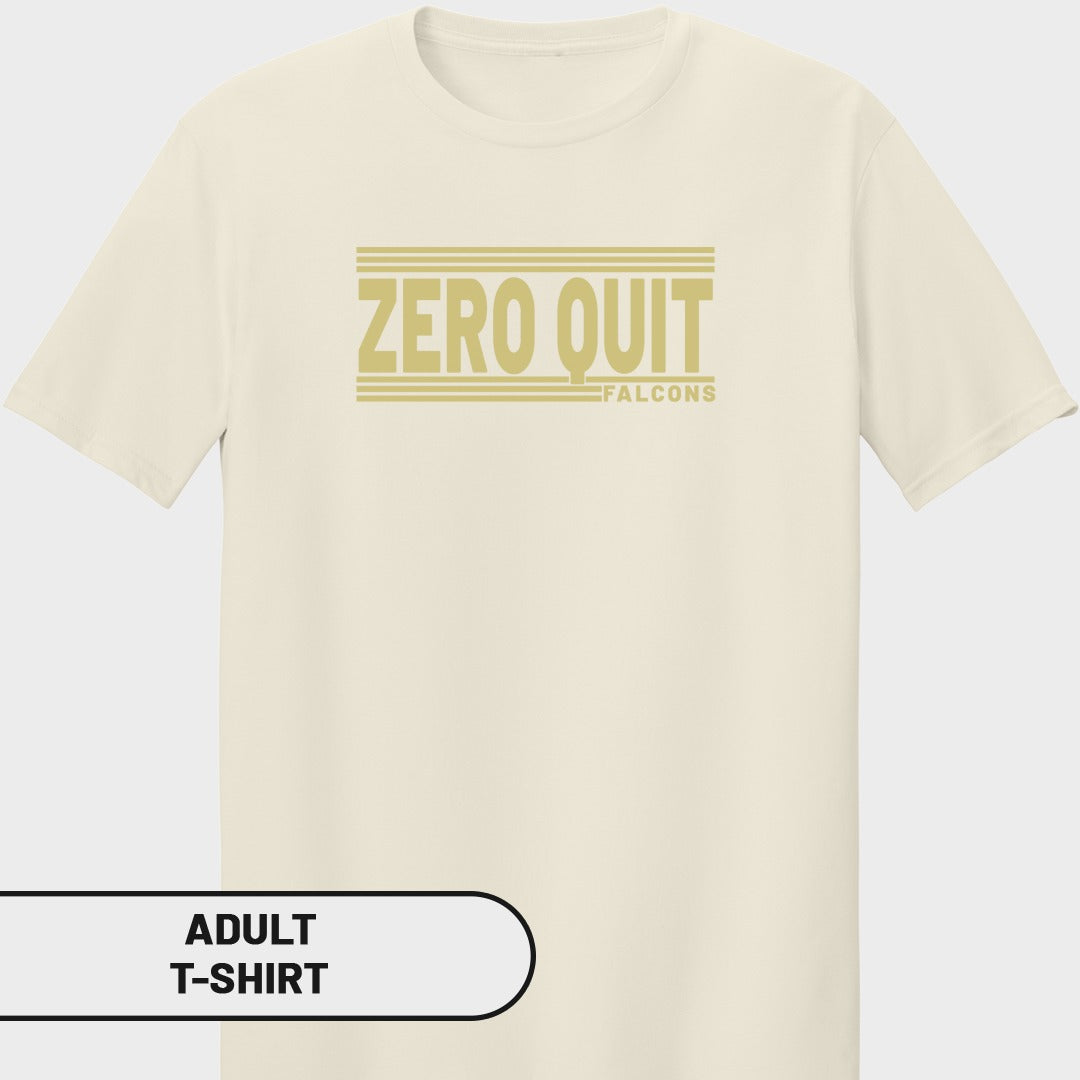 Cream adult t-shirt with "ZERO QUIT FALCONS" graphic in gold.