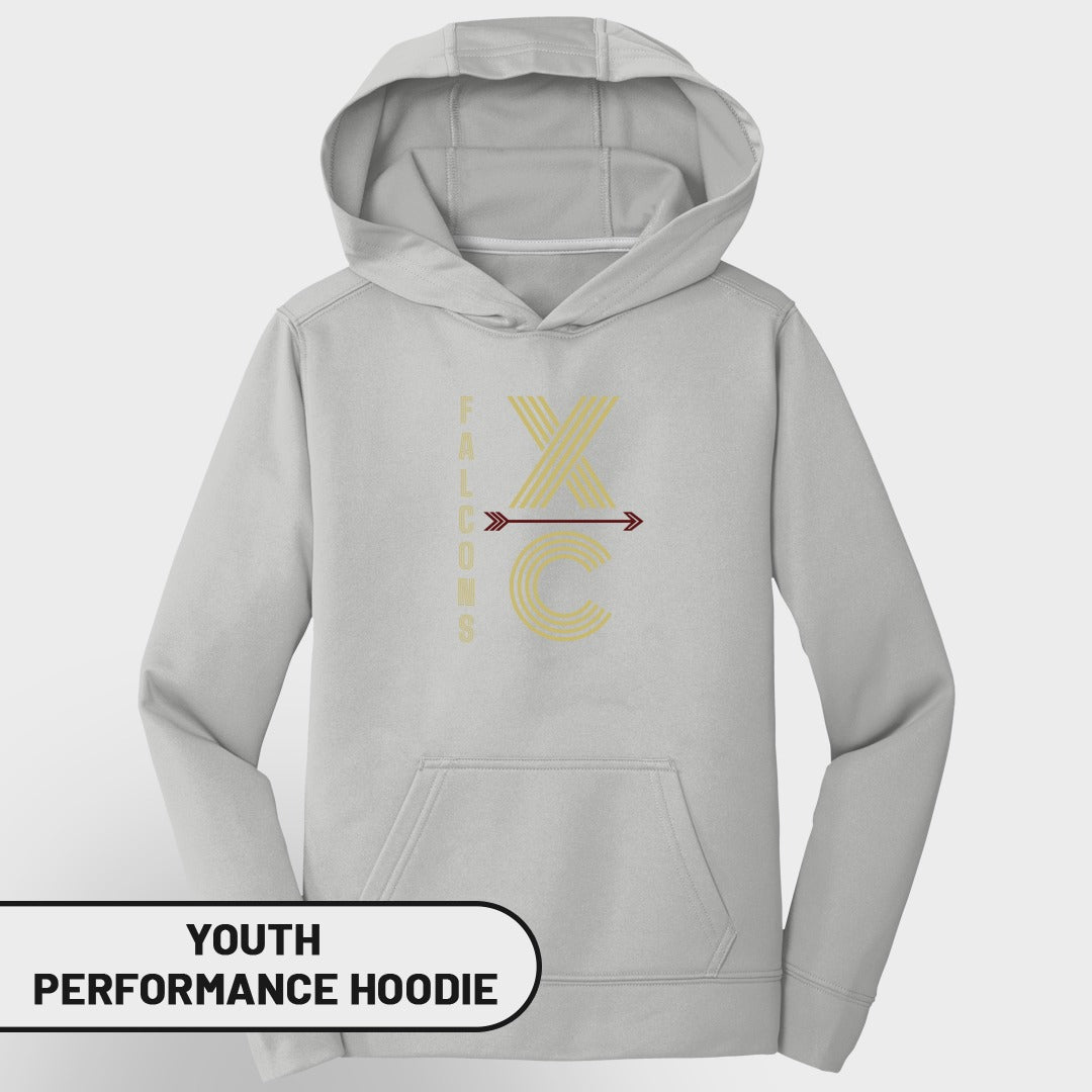 Youth light gray performance hoodie with "FALCONS XC" text and graphic design.