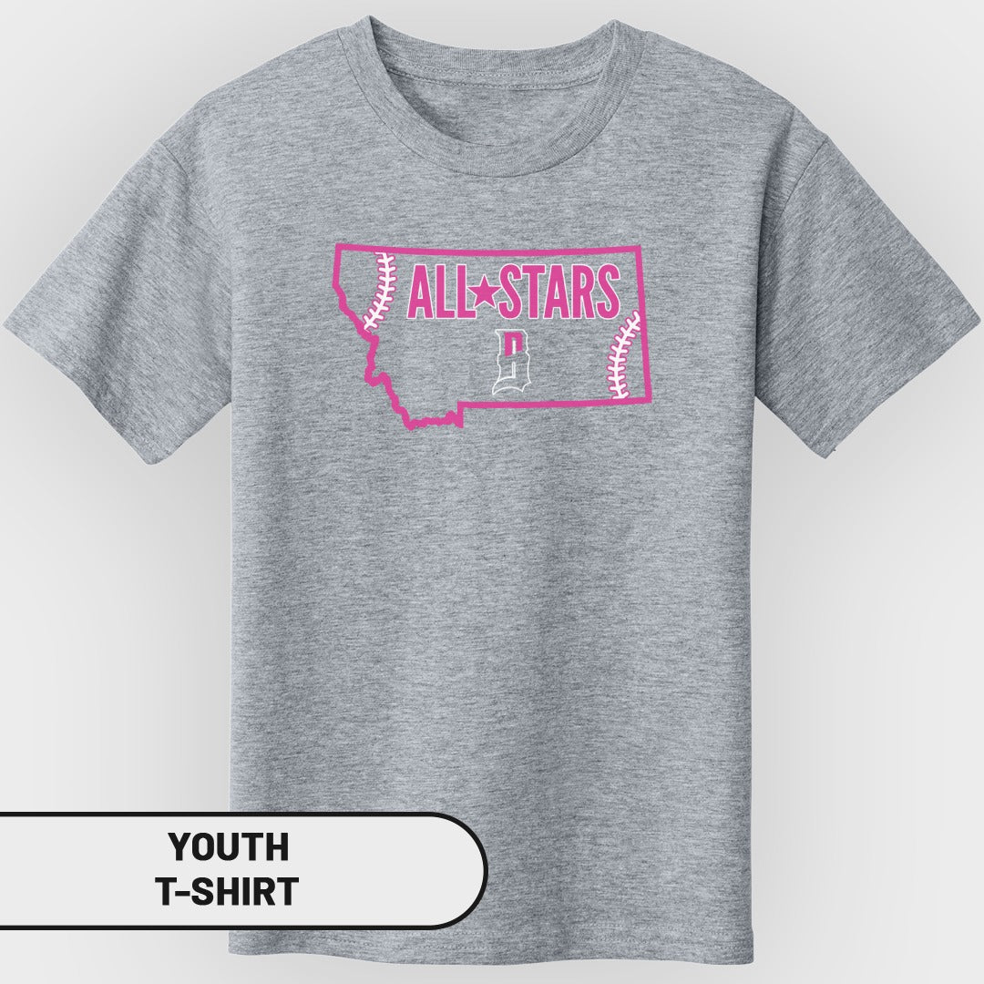 Grey youth t-shirt with pink "All Stars" text and baseball stitching inside a state outline.