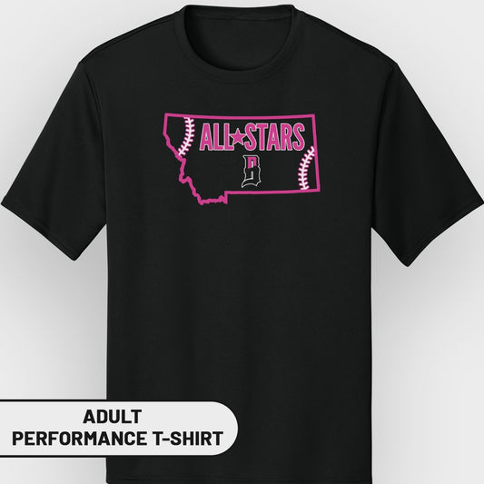 Black t-shirt with "All-Stars" logo over Montana map outline.