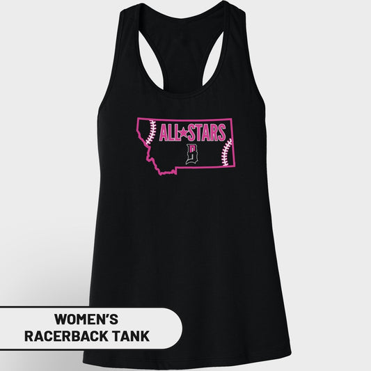Black women's racerback tank top with pink "All Stars" and Montana outline graphic.
