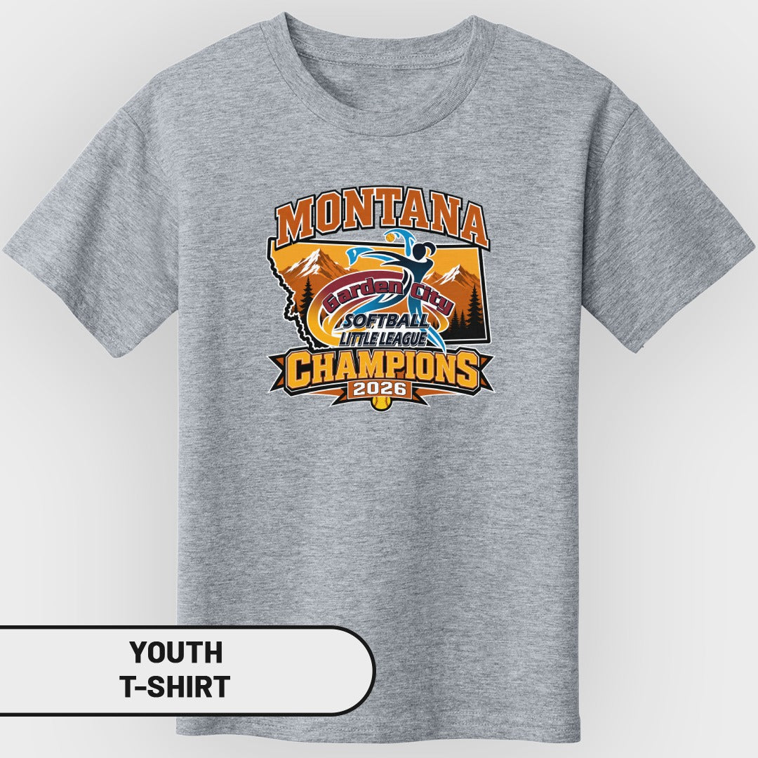 Montana Little League Softball Champions 2026 graphic on grey youth t-shirt.