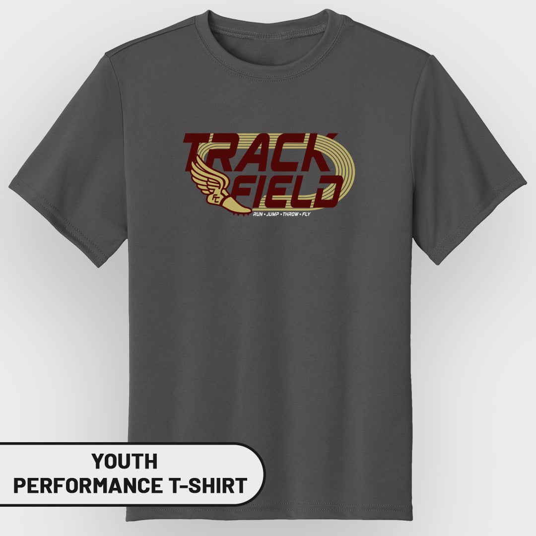 Dark grey youth performance t-shirt with a "Track & Field" graphic.