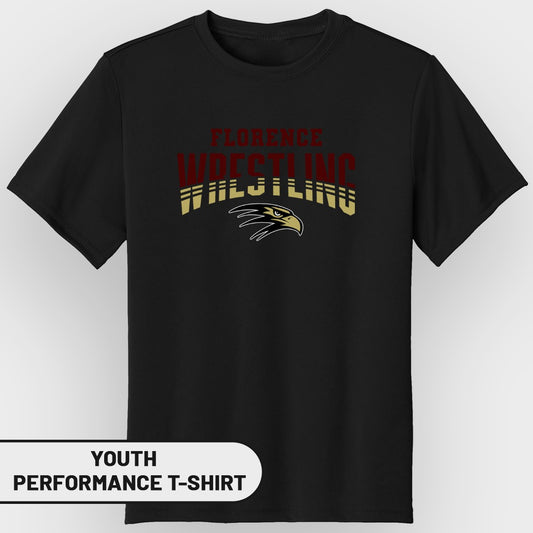 Black youth performance t-shirt with "Florence Wrestling" and an eagle graphic.