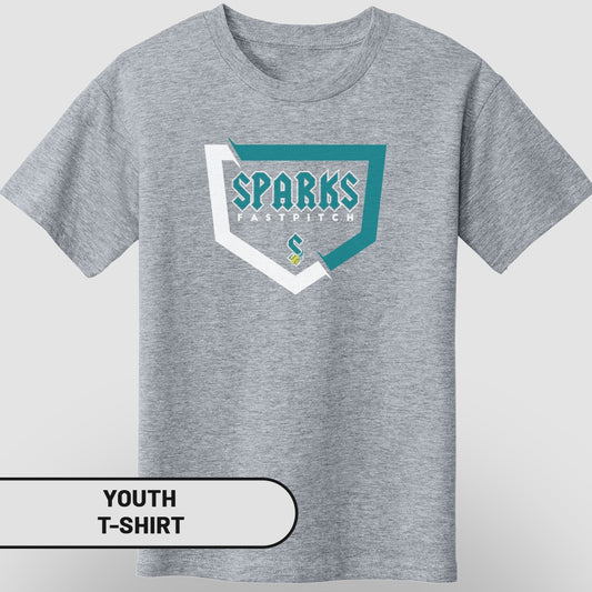 Grey youth t-shirt with "Sparks Fastpitch" logo.