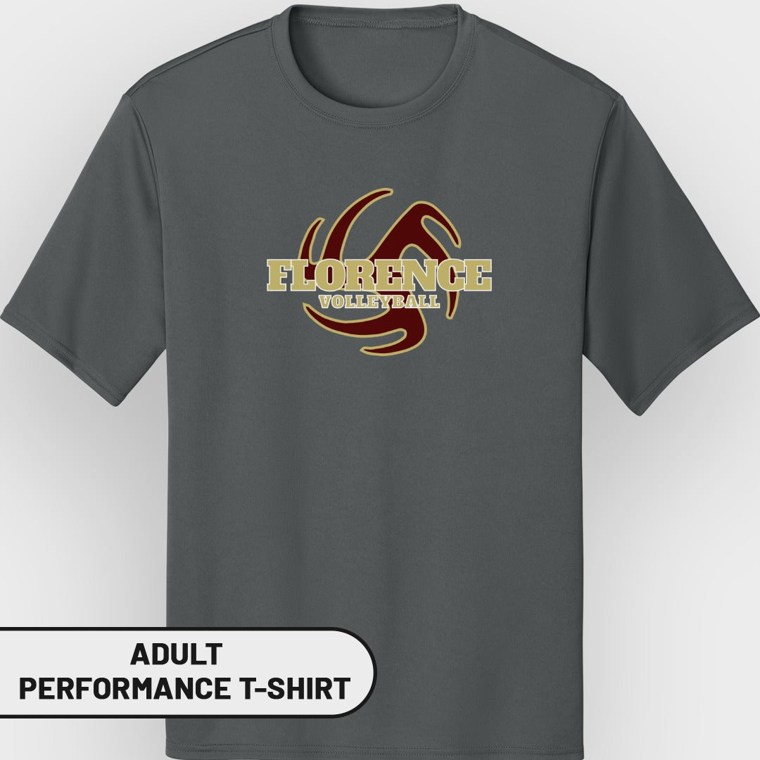 Dark gray adult performance t-shirt with "FLORENCE VOLLEYBALL" logo and volleyball graphic.