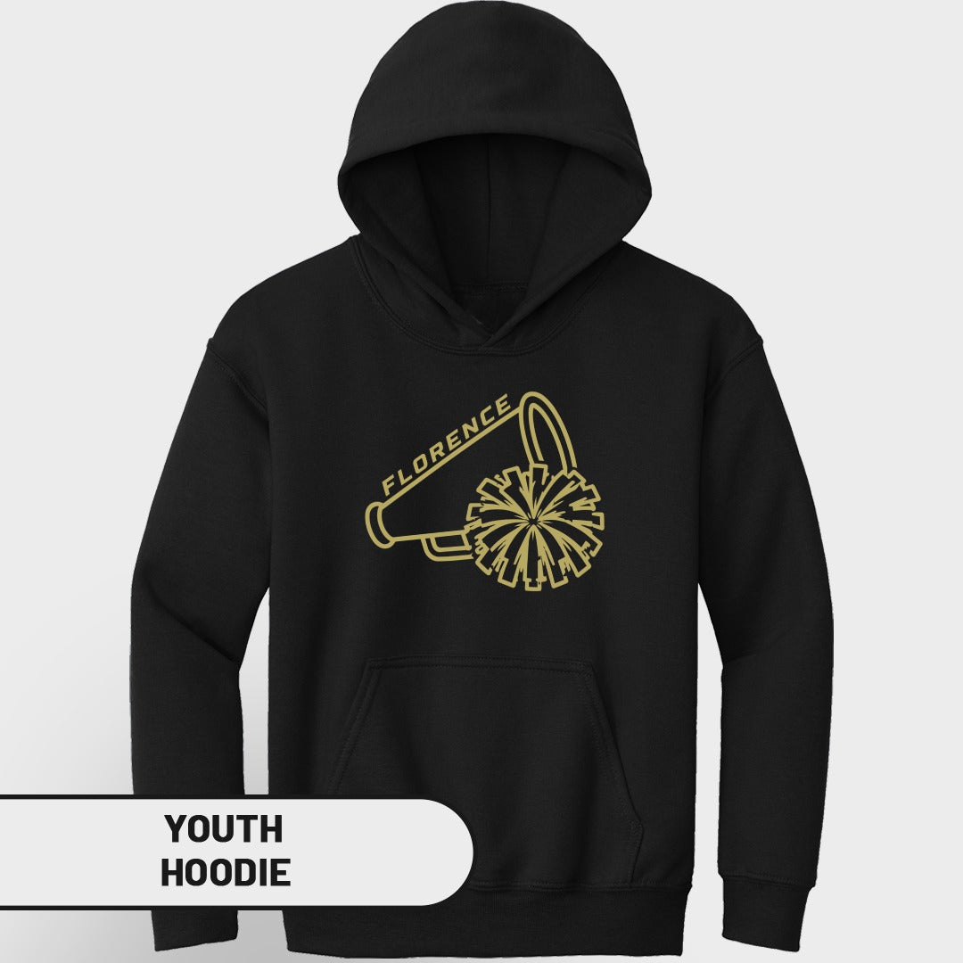 Black youth hoodie with "Florence" and megaphone and pom-pom graphic.