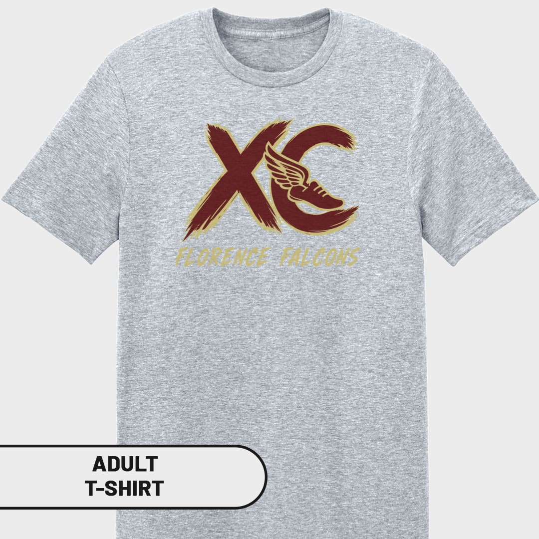 Gray adult t-shirt with maroon XC logo and "FLORENCE FALCONS" text.