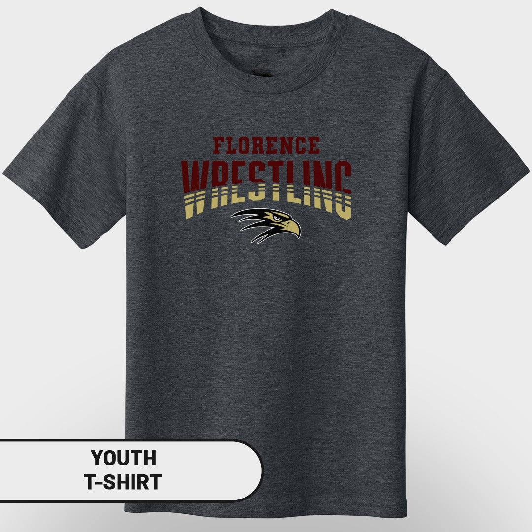 Dark gray youth t-shirt with "Florence Wrestling" text and eagle logo.