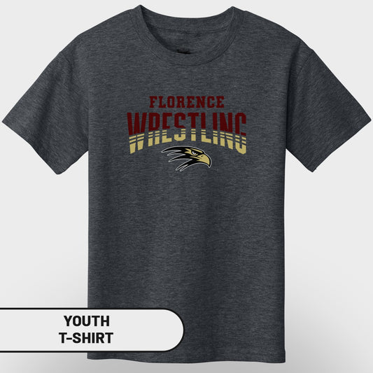 Dark gray youth t-shirt with "Florence Wrestling" text and eagle logo.