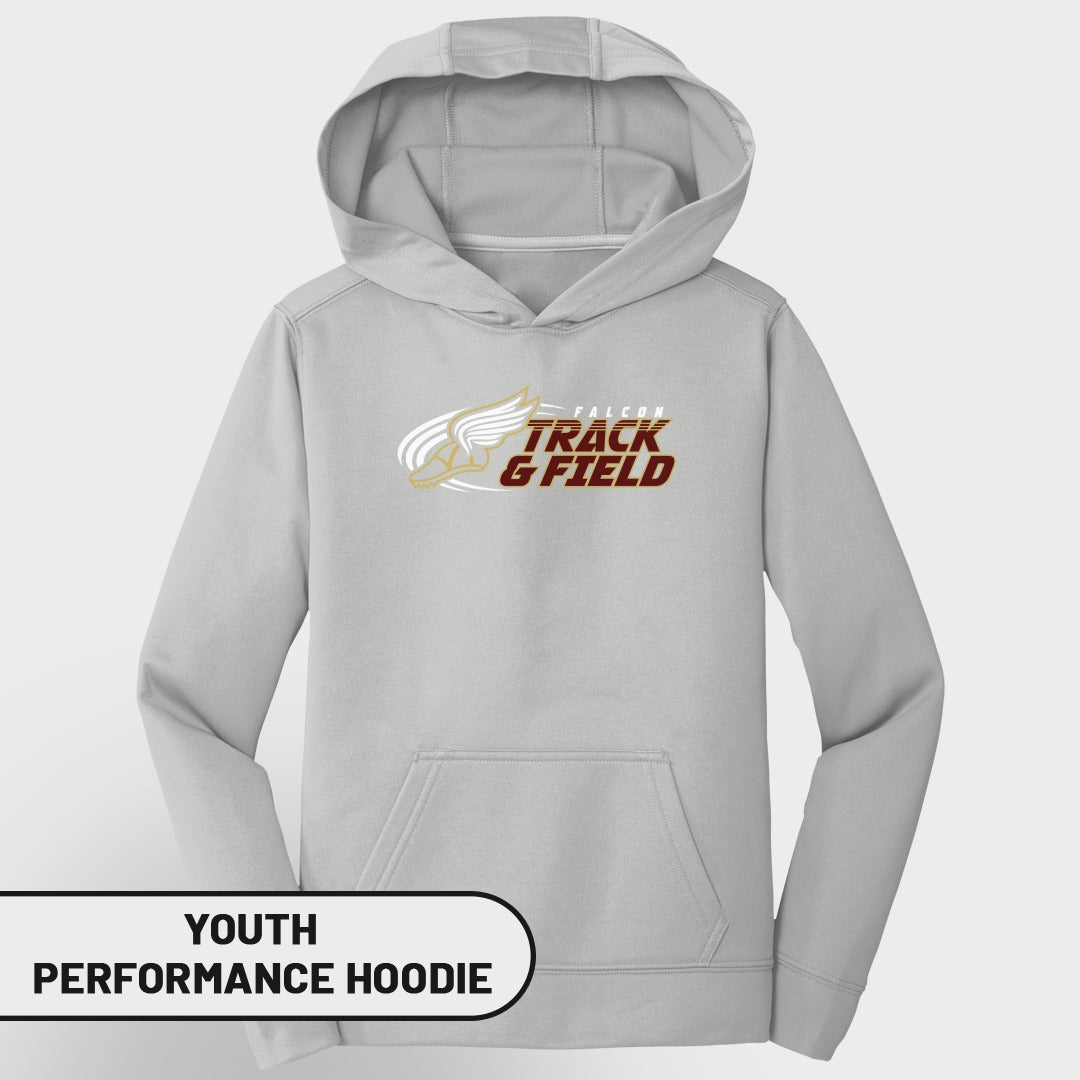 Youth performance hoodie with "FALCON TRACK & FIELD" logo and winged shoe emblem.