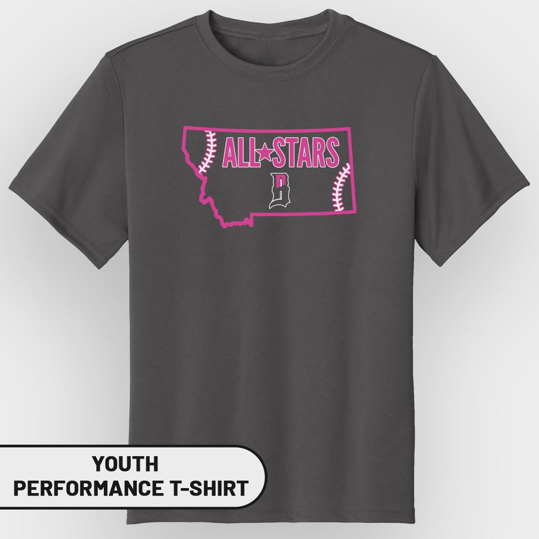 Youth performance t-shirt with "All Stars" and Montana outline logo.