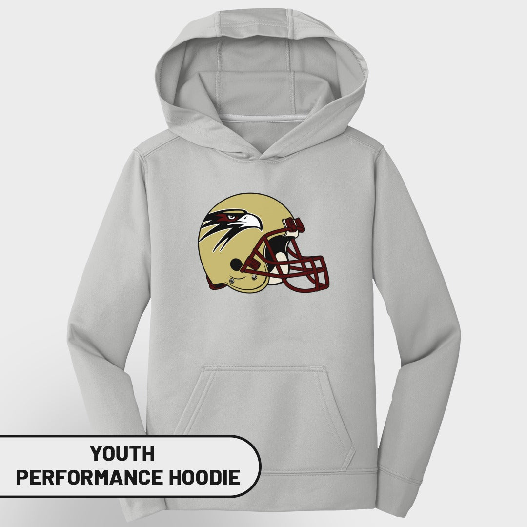 Gray youth performance hoodie with a gold football helmet with an eagle logo.