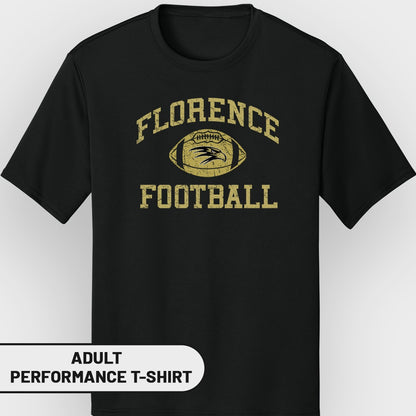 Black adult performance t-shirt with distressed "Florence Football" text and logo.