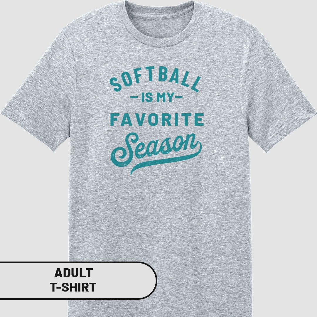 Adult grey t-shirt with "Softball is my favorite season" text.