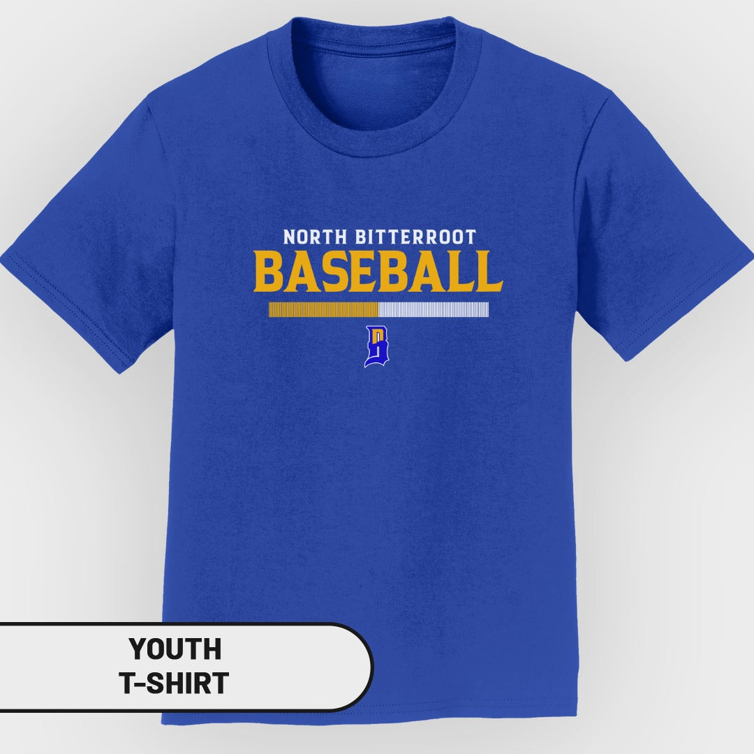 Royal blue youth t-shirt with "NORTH BITTERROOT BASEBALL" text.