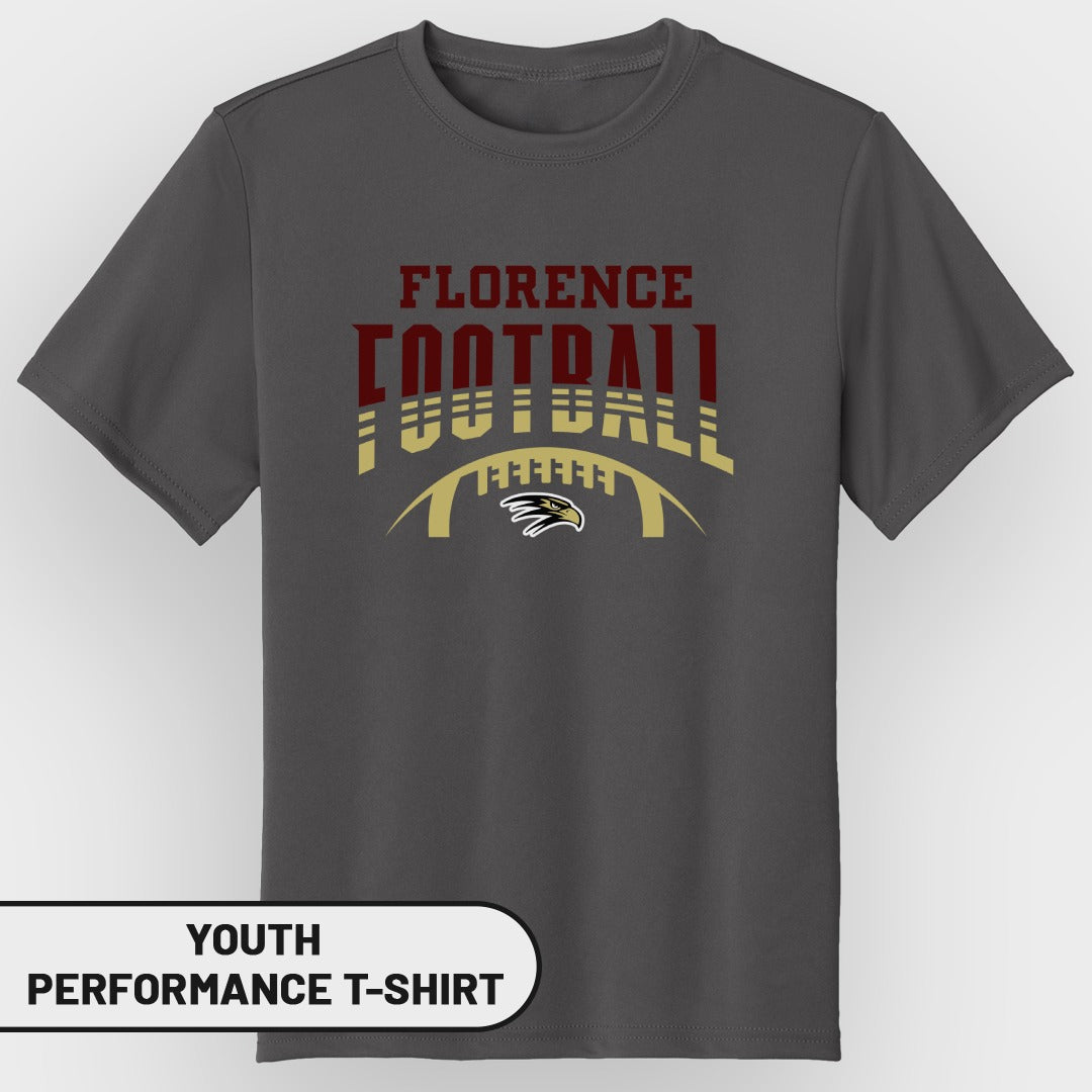 Dark grey youth performance t-shirt with "Florence Football" text and eagle logo.