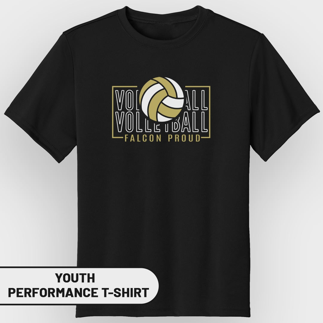 Black youth performance t-shirt with "VOLLEYBALL FALCON PROUD" graphic.