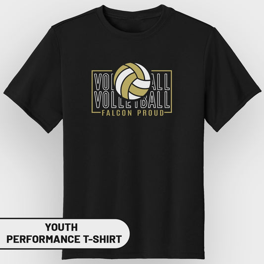 Black youth performance t-shirt with "VOLLEYBALL FALCON PROUD" graphic.