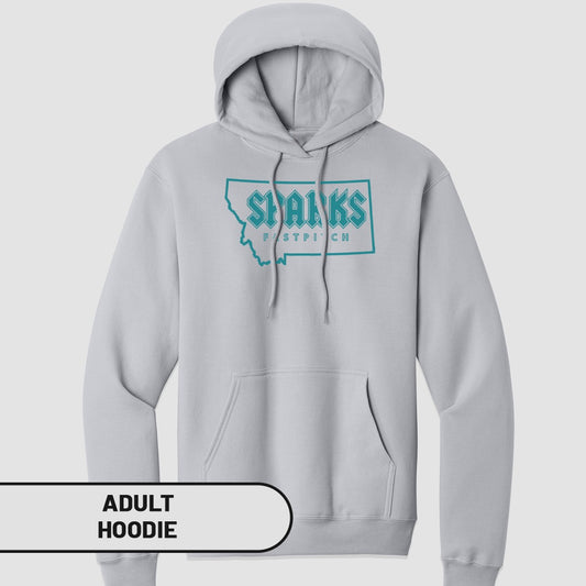 Grey adult hoodie with "Sharks" and "Fast Pitch" text inside Montana outline.