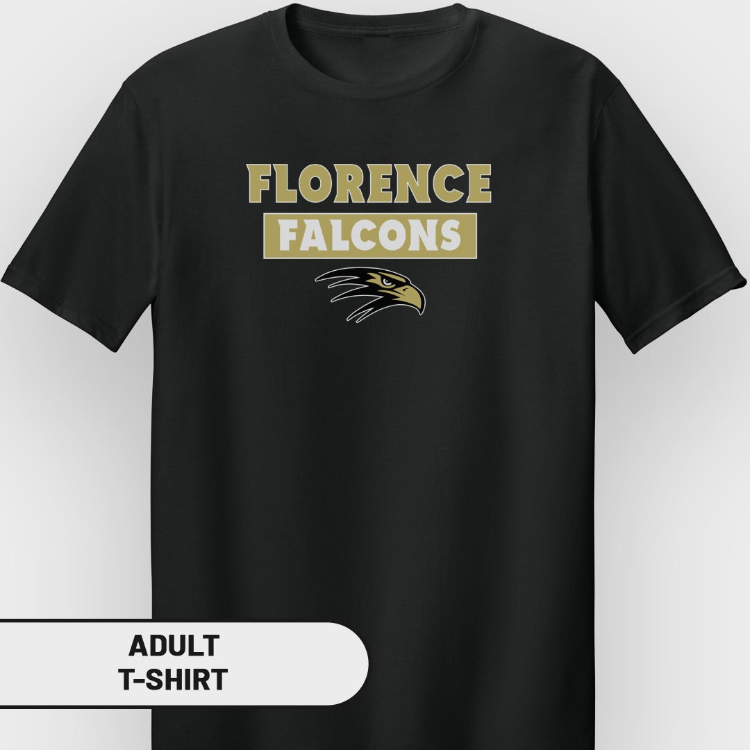 Black adult t-shirt with "FLORENCE FALCONS" and an eagle head logo.