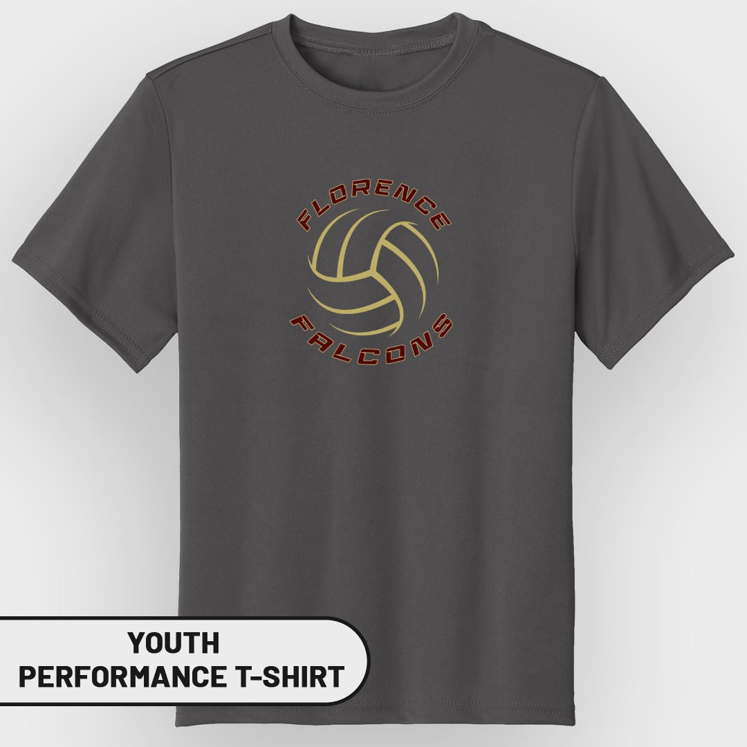 Youth performance t-shirt with Florence Falcons volleyball logo.