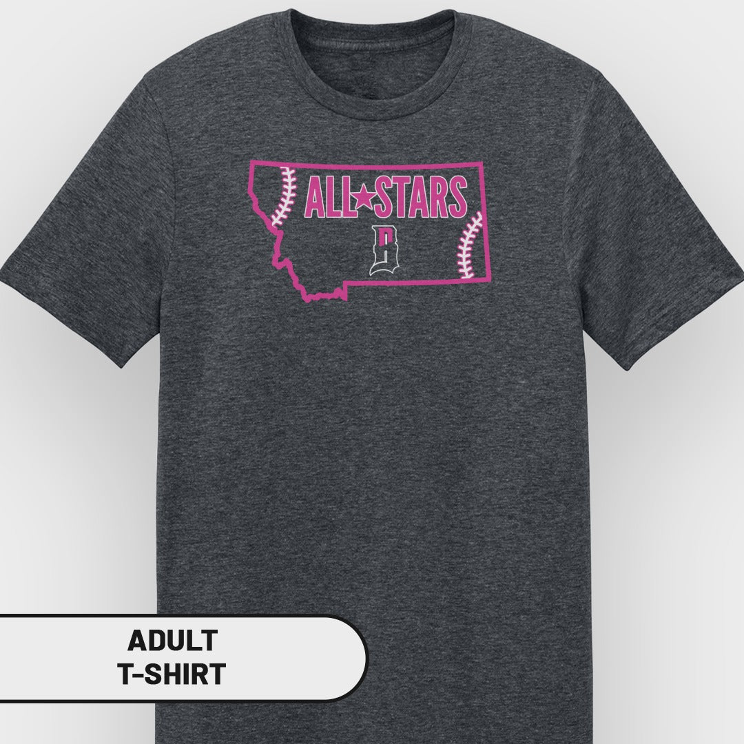 Dark gray adult t-shirt with "All Stars" and baseball stitch graphic overlaying Montana outline.