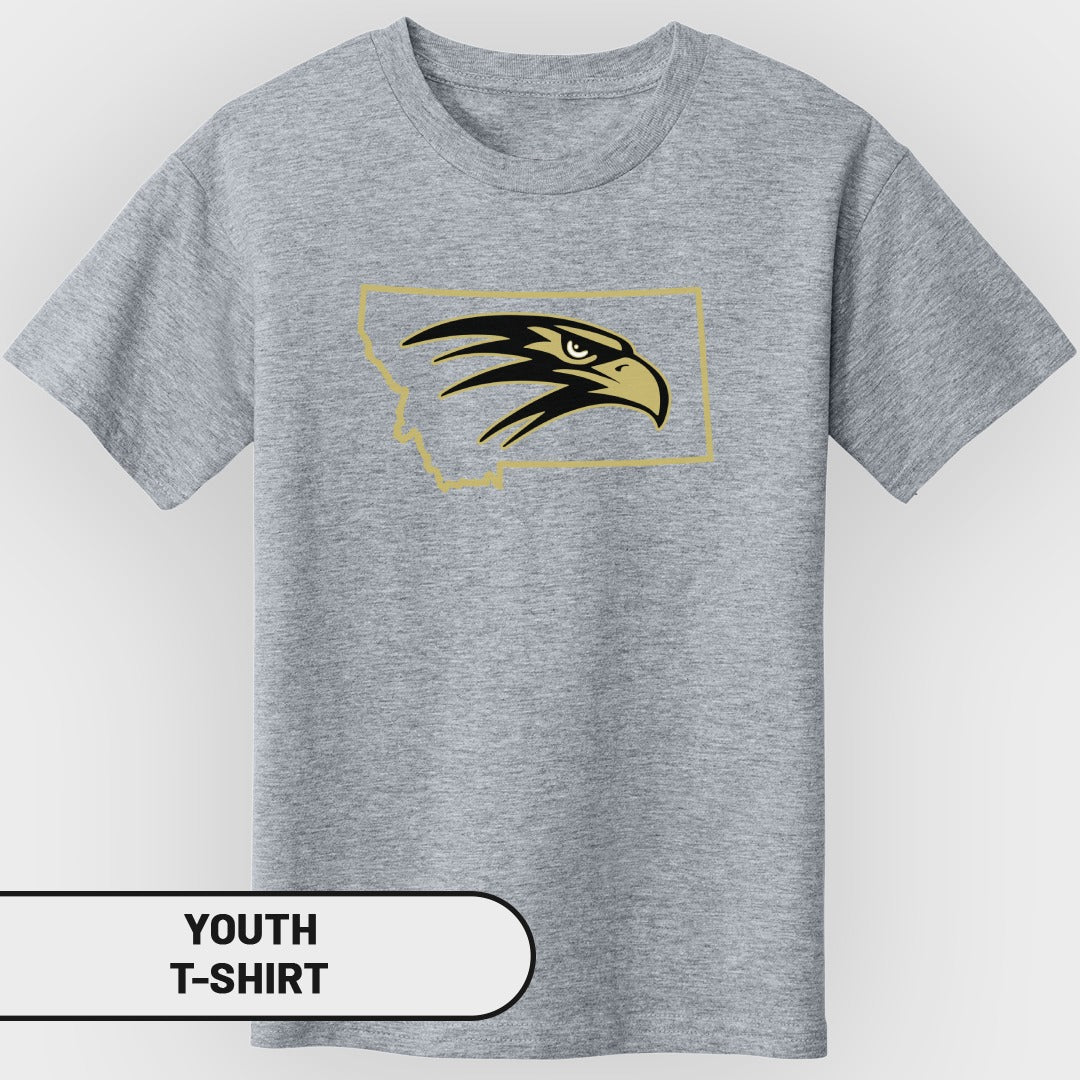 Grey youth t-shirt with Montana outline and eagle head logo.