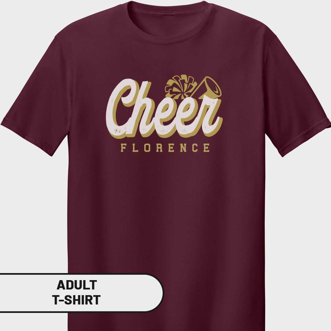 Maroon t-shirt with "Cheer Florence" text and a megaphone graphic.