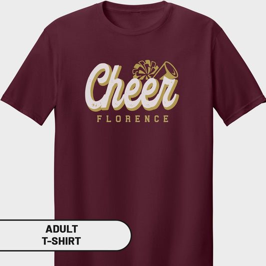 Maroon t-shirt with "Cheer Florence" text and a megaphone graphic.