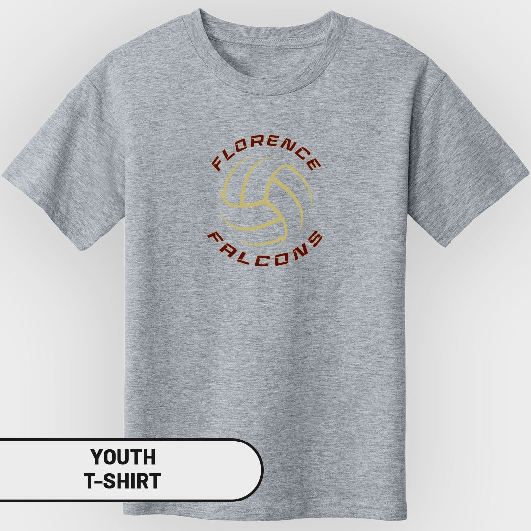 Grey youth t-shirt with a volleyball logo and "Florence Falcons" text.