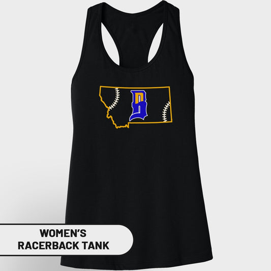 Black women's racerback tank with Montana outline filled with baseball stitching and a blue 'B'.