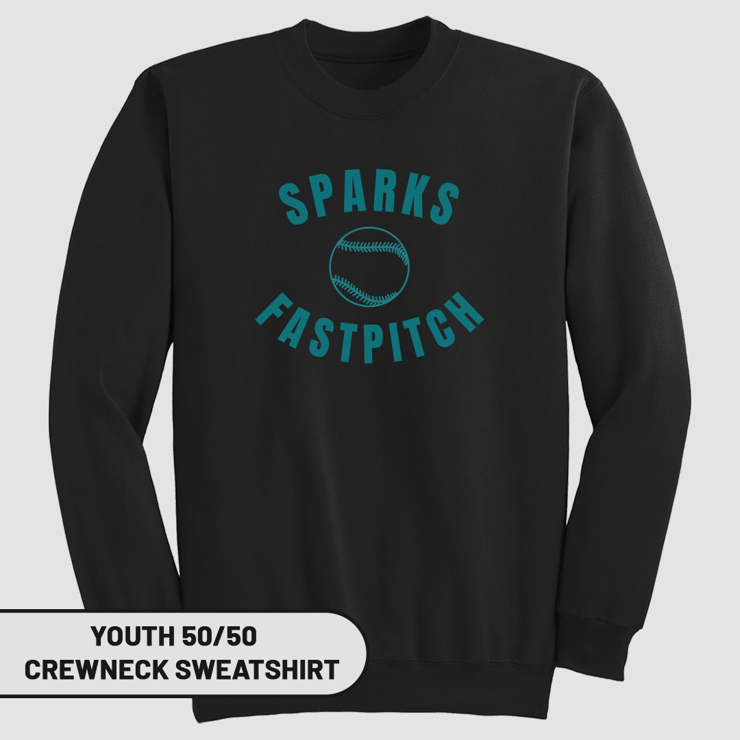 Black youth crewneck sweatshirt with "SPARKS FASTPITCH" and baseball graphic.