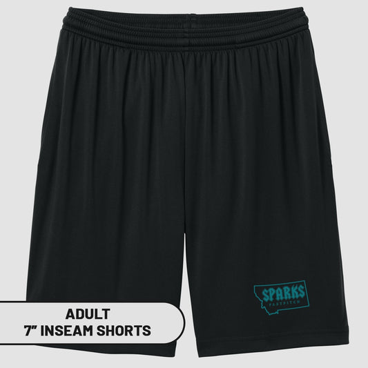 Black Sparks softball shorts with 7-inch inseam, size Adult.