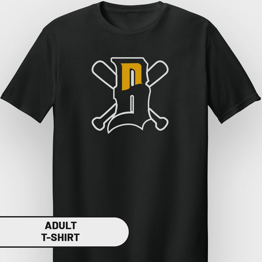 Black t-shirt with a white and yellow baseball team logo.