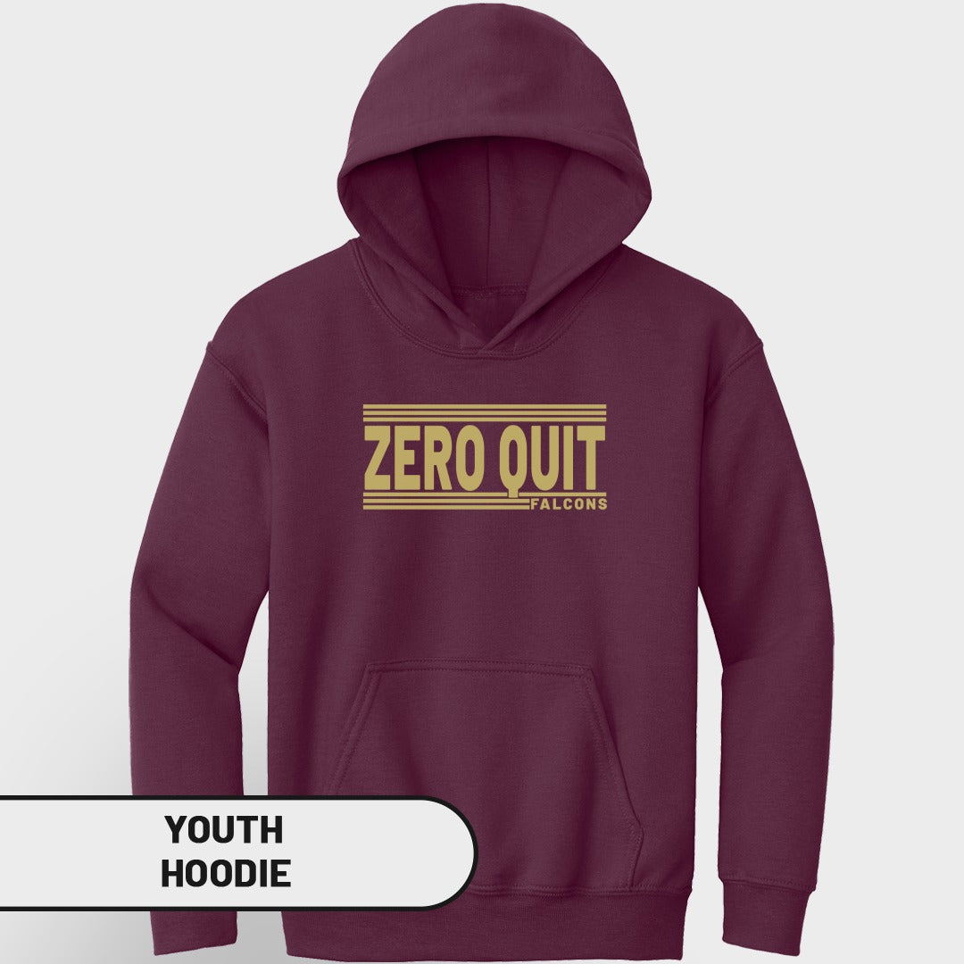 Maroon youth hoodie with "ZERO QUIT FALCONS" text in gold.