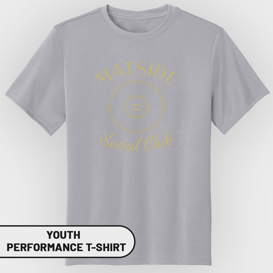 Gray youth performance t-shirt with yellow "Mayside Social Club" text and logo.