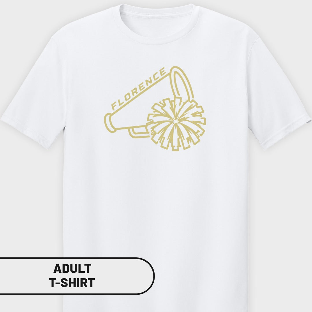 White t-shirt with gold outline graphic of megaphone, pom-pom, and text "FLORENCE".