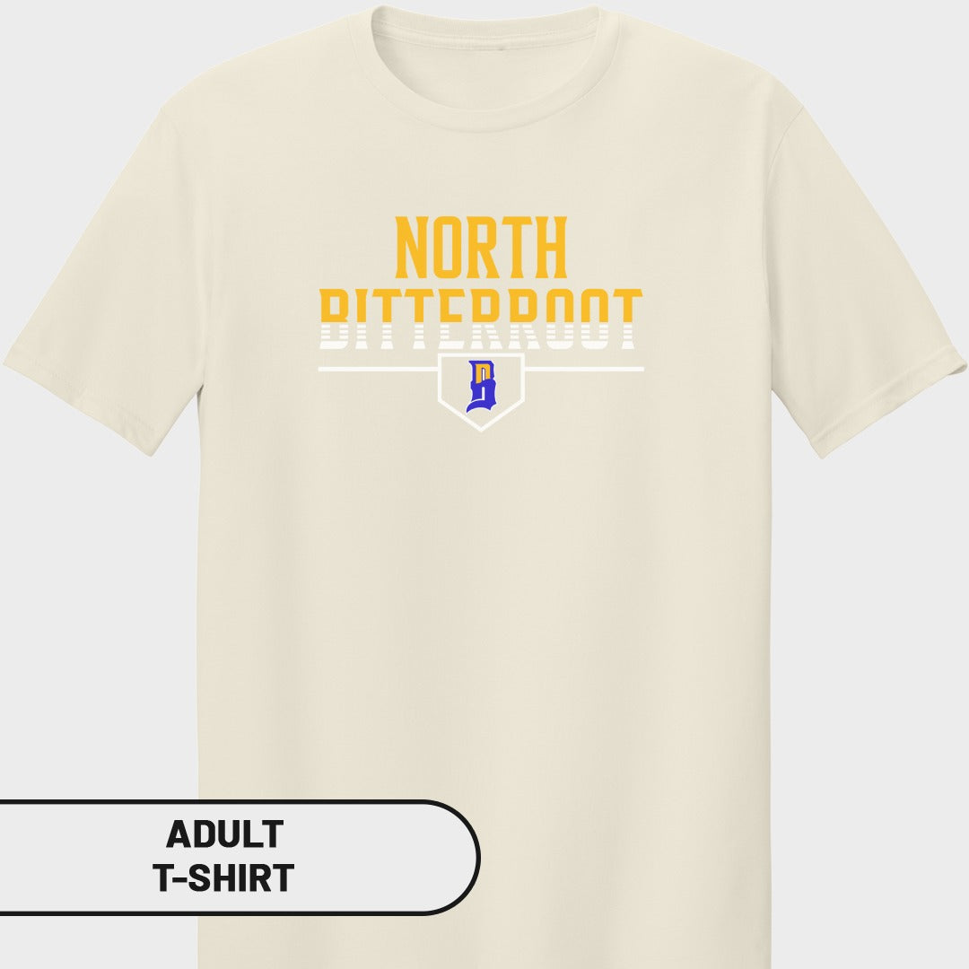 Cream t-shirt with "North Bitterroot" and a blue logo.