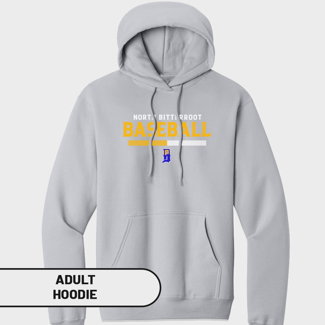 Gray adult hooded sweatshirt with "NORTH BITTERROOT BASEBALL" text and logo.