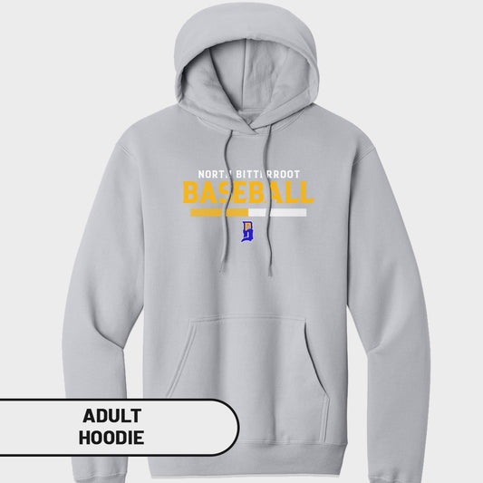 Gray adult hooded sweatshirt with "NORTH BITTERROOT BASEBALL" text and logo.