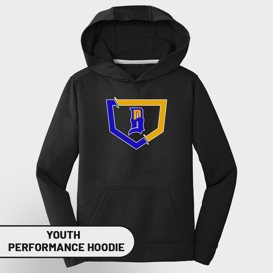 Black youth performance hoodie with blue and yellow 'DB' logo.