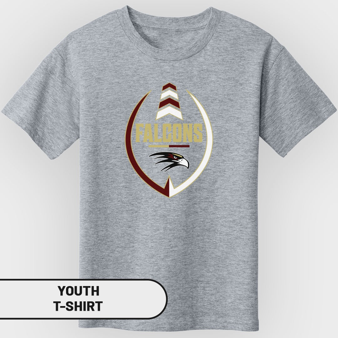 Youth gray t-shirt with Falcons logo featuring an eagle head and football design.