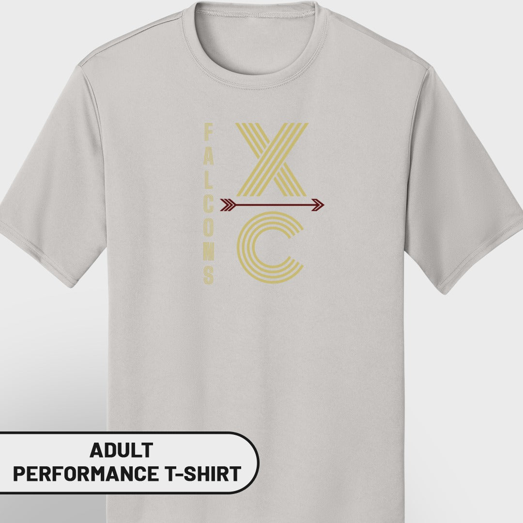 Light gray t-shirt with "FALCONS XC" graphic and arrow.