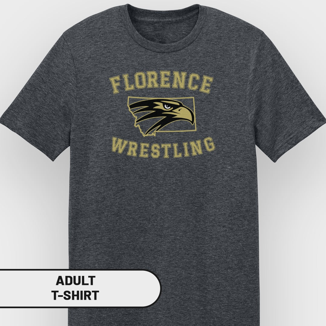 Dark grey t-shirt with gold text "FLORENCE WRESTLING" and an eagle logo.