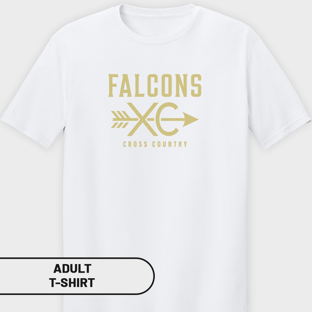 White adult t-shirt with gold "FALCONS XC CROSS COUNTRY" text and logo.
