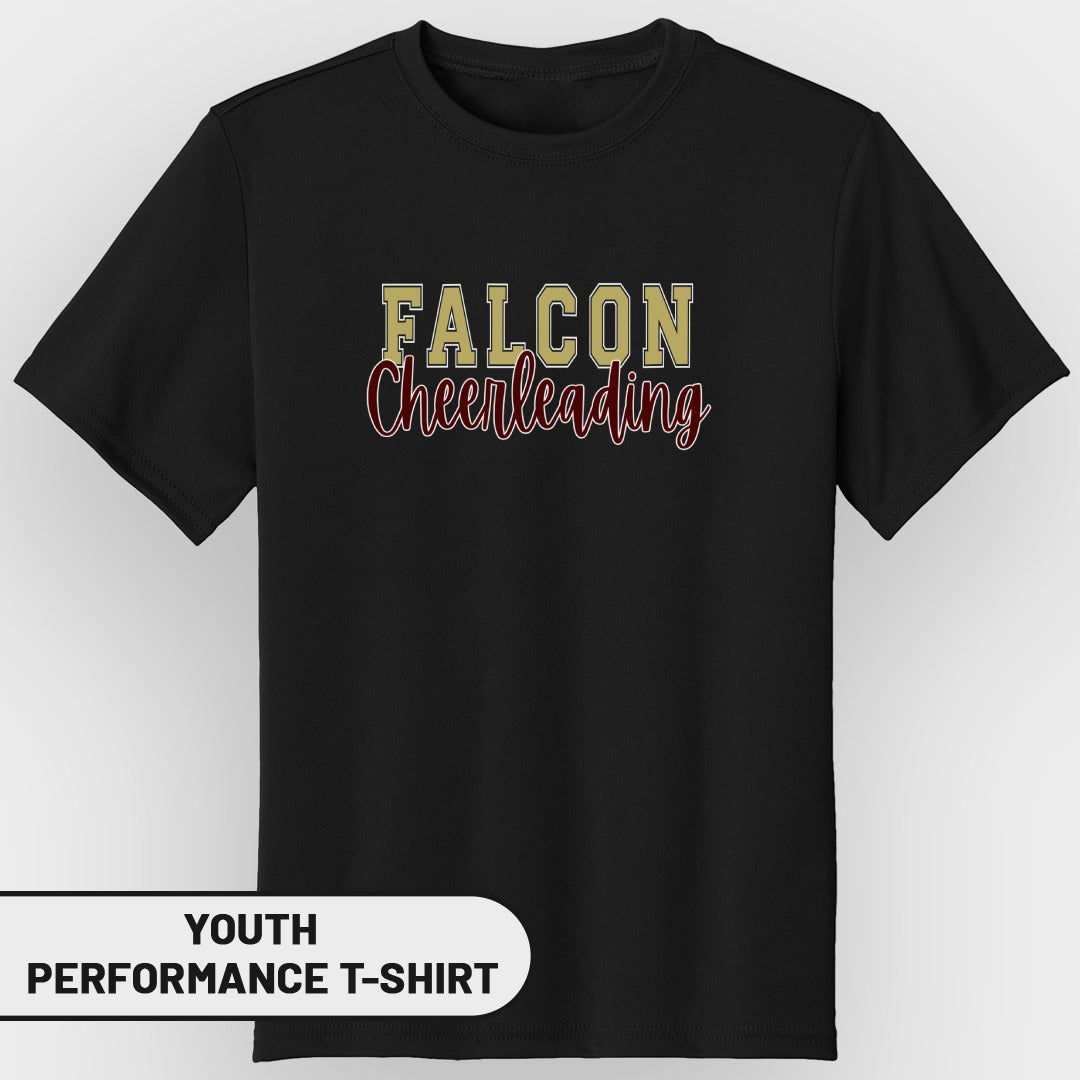 Black youth performance t-shirt with "FALCON Cheerleading" text.