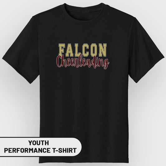 Black youth performance t-shirt with "FALCON Cheerleading" text.